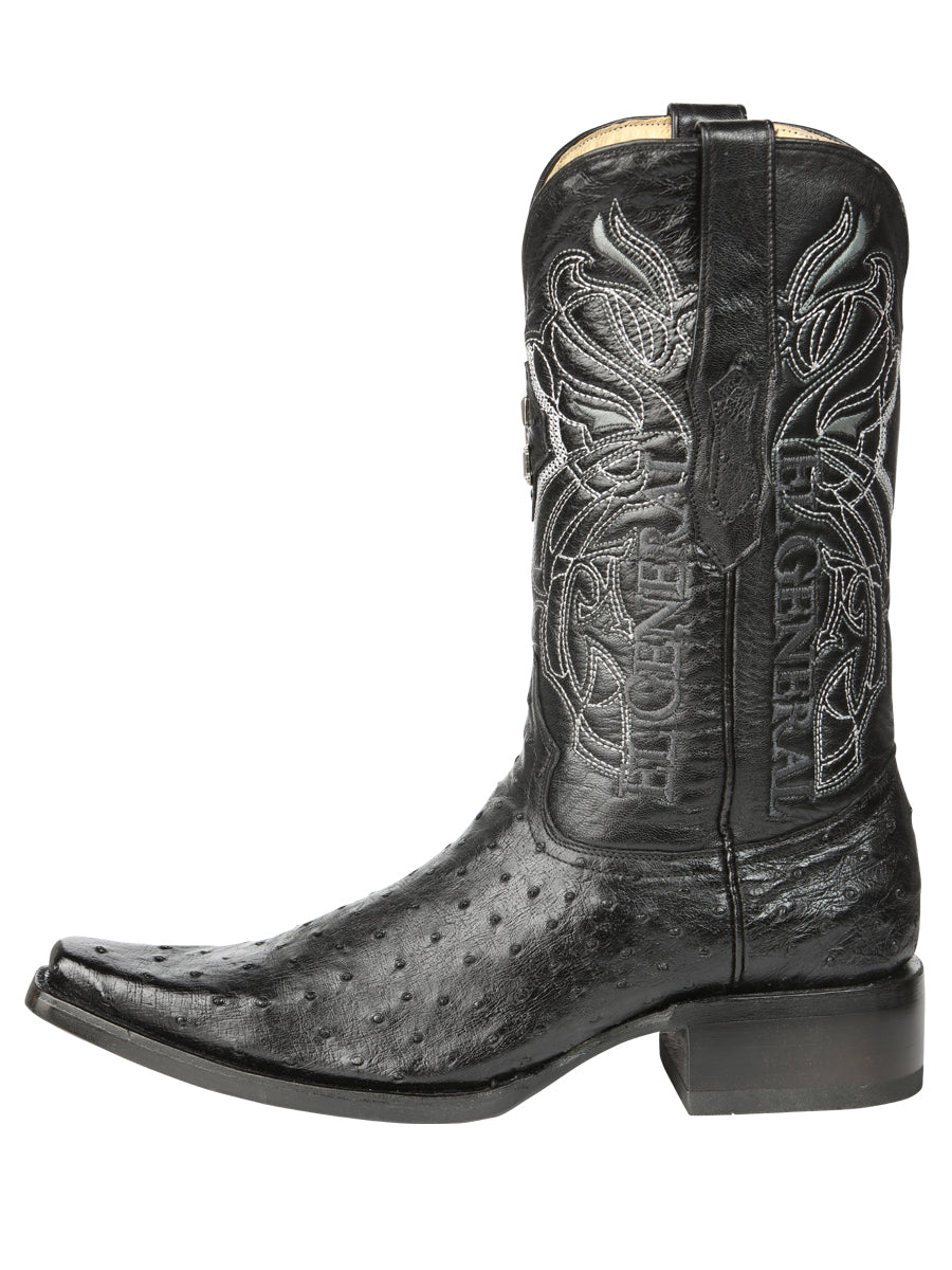 El General Men's Exotic Ostrich Leather Cowboy Boots - Black 45075