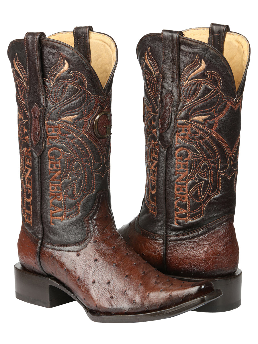El General Men's Exotic Ostrich Leather Cowboy Boots - Brown 45076