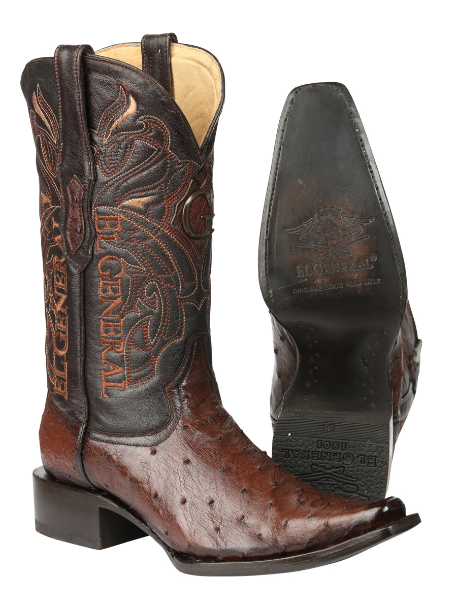 El General Men's Exotic Ostrich Leather Cowboy Boots - Brown 45076
