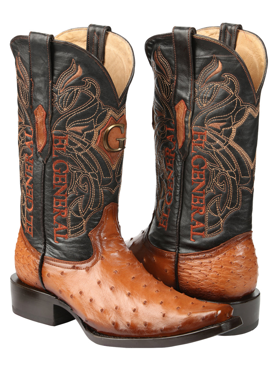 El General Men's Exotic Ostrich Leather Cowboy Boots - Cognac 45077