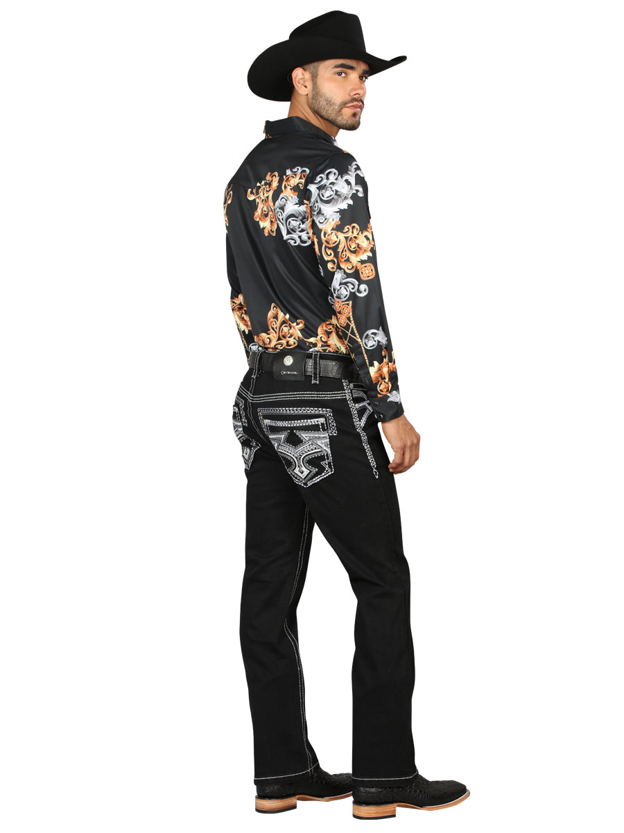 Centenario Men's Black Denim with White/Gray Embroidered Details 45310