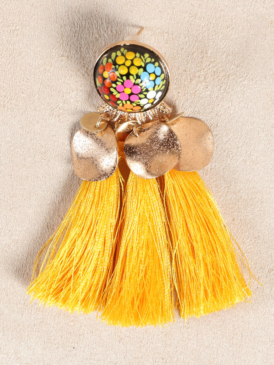 Artisanal Hand Painted Earrings Wood-Silk Thread Yellow 602153