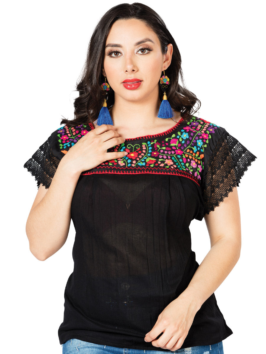 Artisanal Embroidered Blouse 100% Cotton Black 603098