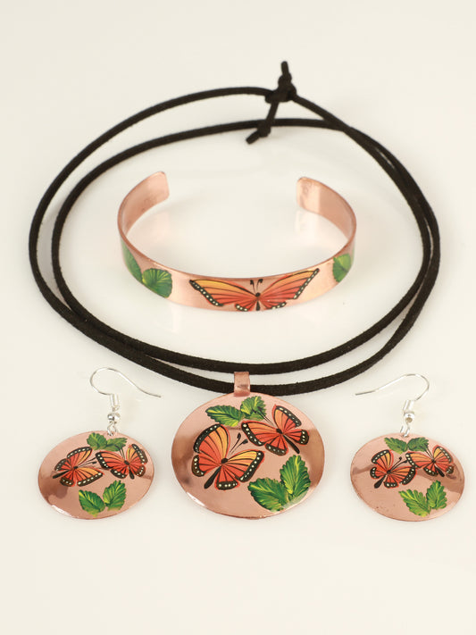 Artisanal Hand Painted Set Earrings-Necklace-Bracelet Copper 603403