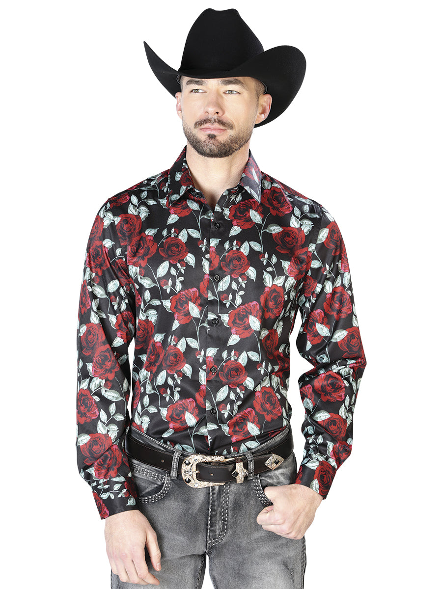 Black With Red Roses Casual Long Sleeve Shirt 43667