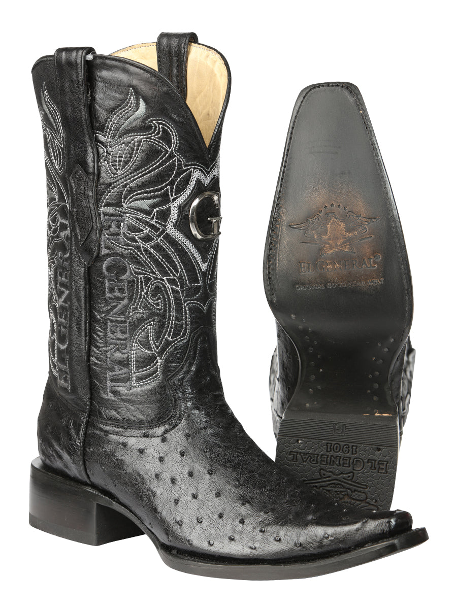 El General Men's Exotic Ostrich Leather Cowboy Boots - Black 45075