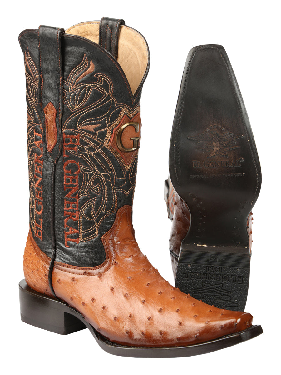 El General Men's Exotic Ostrich Leather Cowboy Boots - Cognac 45077