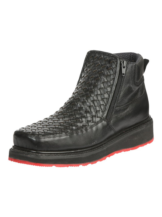 El General Men’s Black Woven Ankle Boots with Zipper 45183