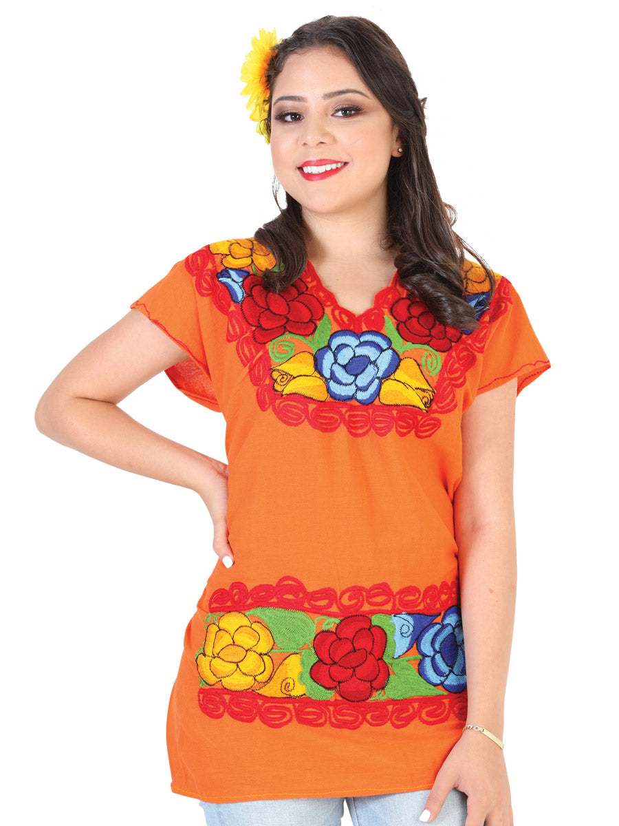 Artisanal Embroidered Blouse 100% Cotton Orange 602303