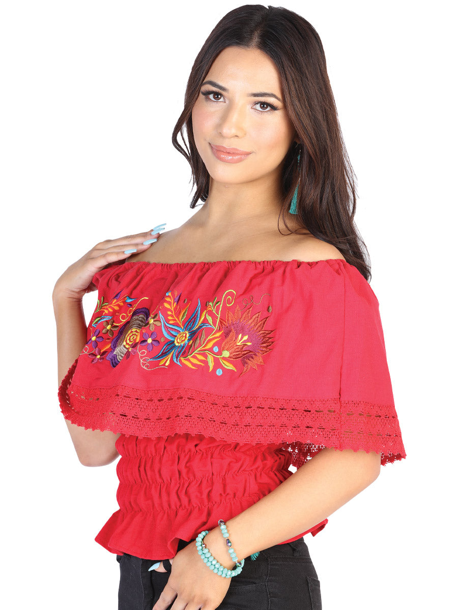 Artisanal Embroidered Blouse 50% Cotton, 50% Polyester Red 602454
