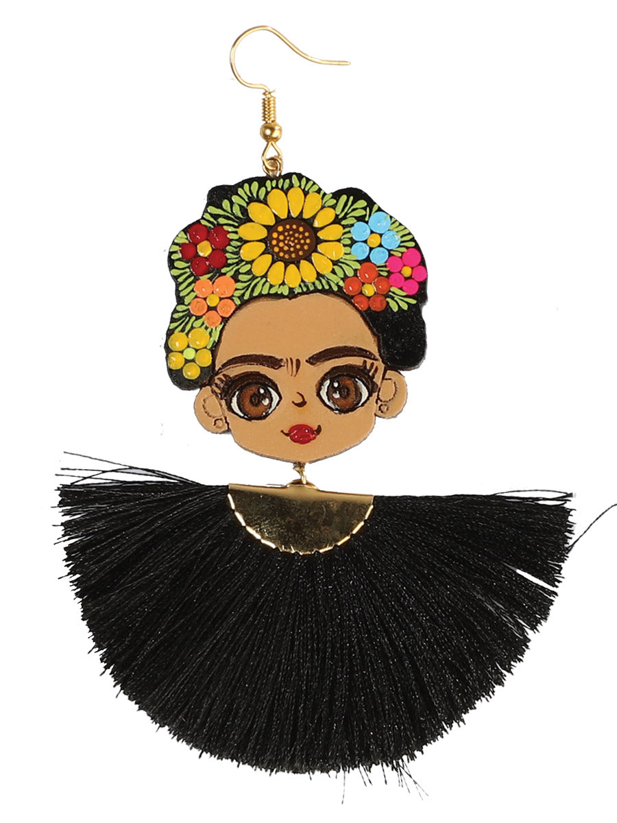 Artisanal Hand Painted Earrings Wood-Silk Thread Black 602989