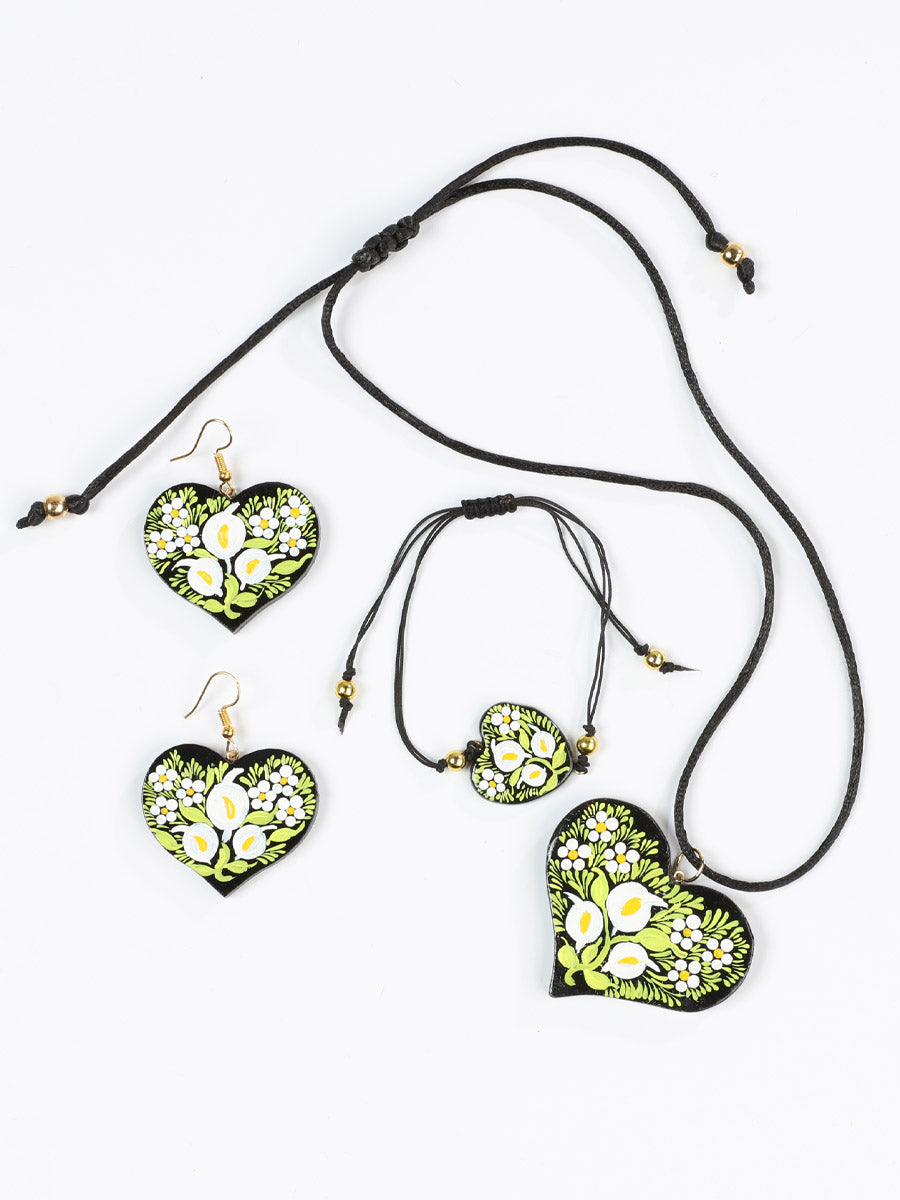 Artisanal Hand Painted Earrings, Necklace, Bracelet Set 602994