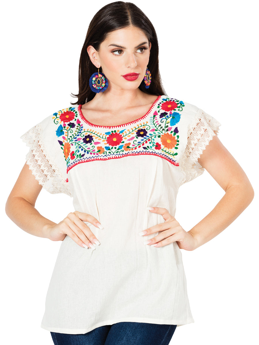 Artisanal Embroidered Blouse 100% Cotton Beige 603097