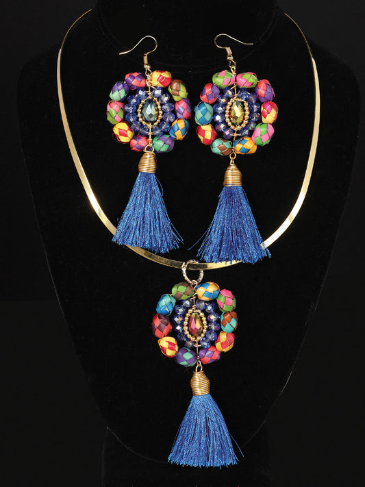 Artisanal Set Earrings-Necklace Palm-Silk Thread Royal Blue 603232