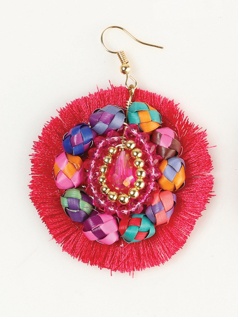 Artisanal Handcrafted Earrings Palm-Silk Thread Fuchsia 603251